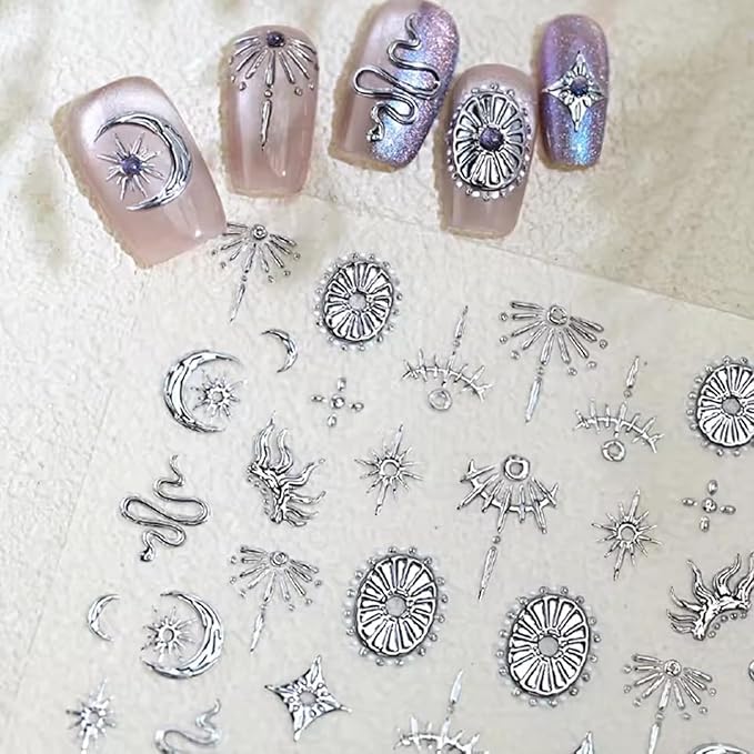 2 Sheets Gold Boho Nail Stickers for Nail Art Gold Star Moon Sun Snake Nail Decals 5D Embossed Nail Art Decals Self-Adhesive Stickers for DIY Nails Art Decoration