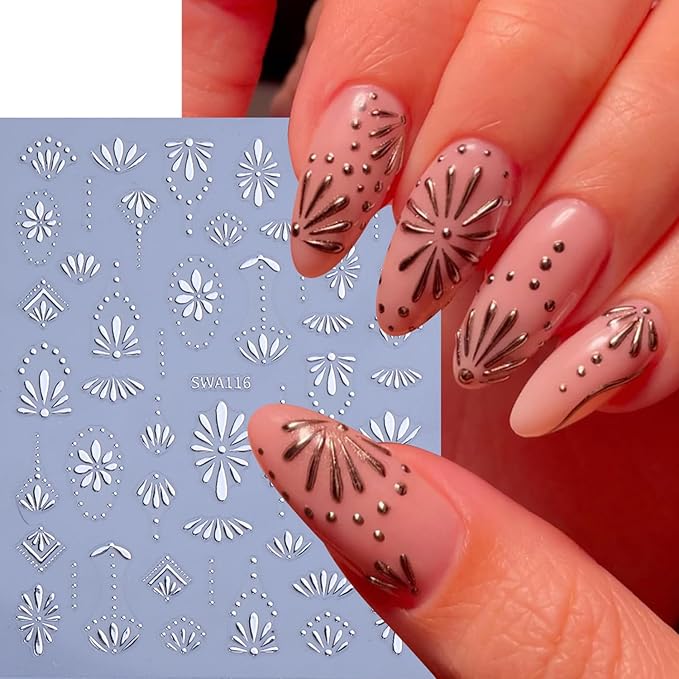 6Sheets Retro Flower Nail Art Stickers 3D Bohemian Style Design Nail Decals Self-Adhesive Gold Silver Petals Line Nail Sticker Boho Blue Floral Nail Decal for Women DIY Manicure Charms Decor Supplies
