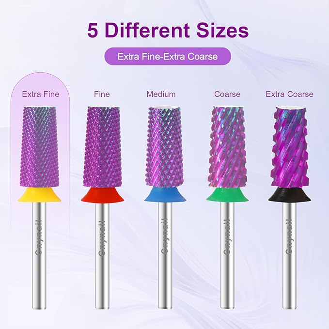 Cnynail 3/32" Large Tapered Barrel Flat Bit Tungsten Carbide Nail Drill Bit Safety Bit for Gel & Acrylic Removal, 2- Way Rotating Efile Tip, Salon Electric File Accessory (XF Girt, Purple)