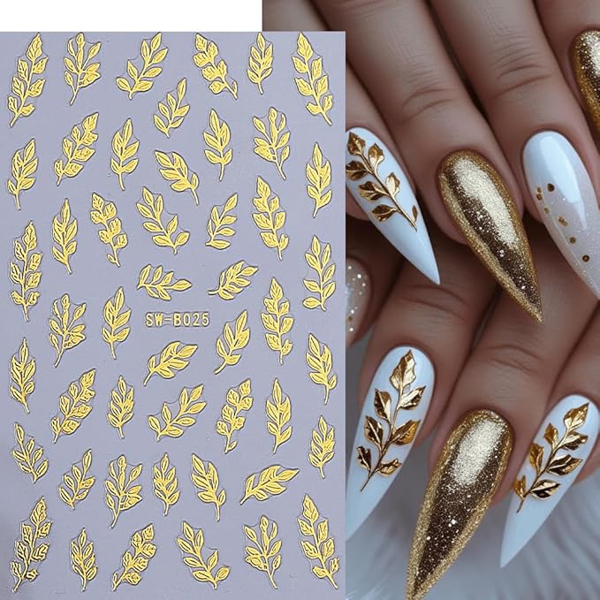 6Pcs Fall Nail Stickers 3D Gold Maple Leaves Nail Decals DIY Self Adhesive Autumn Gold Glitter Leaves Design Thanksgiving Nail Decoration Supplies Holiday Manicure Accessories for Women Girls