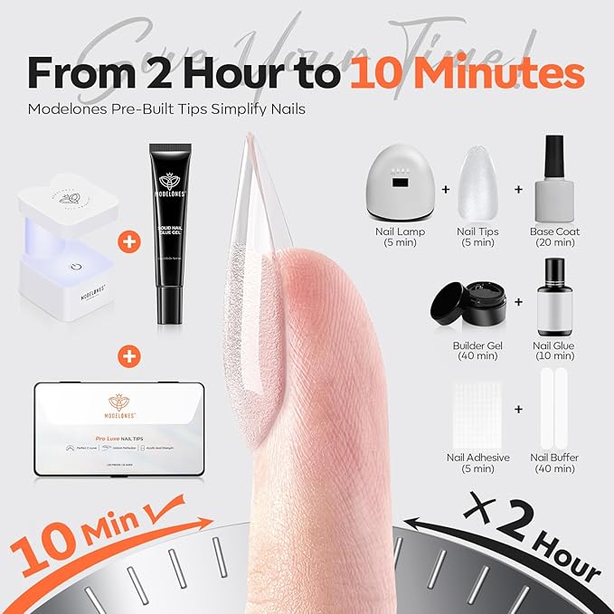 modelones Gel Nail Kit Almond, 15Sizes Instant Apex False Nail Tips Solid Glue & Mini U/V Lamp, 240Pcs Medium Almond Pre-Building Strong Thick Acrylic Press on Tips LED Light Extension Kit Women Gift