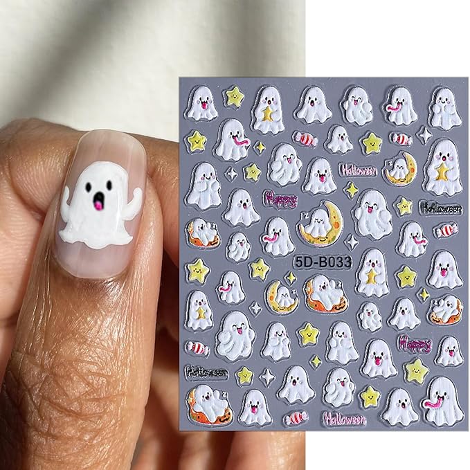 2 Sheets Halloween Nail Art Stickers 5D Embossed Cute Ghost Nail Decals Self-Adhesive Pink Yellow Spider Nail Sticker Star Pumpkin Spider Web Nail Decal for Women DIY Nail Design Supplies