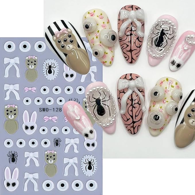2Sheets Halloween Nail Art Stickers 5D Embossed Evil Snowman Ghost Designs Nail Decals Self-Adhesive Skull Pumpkin Nail Stickers Litter Bear Eye Nail Decal Spider Nail Sticker for Women Nails Decor