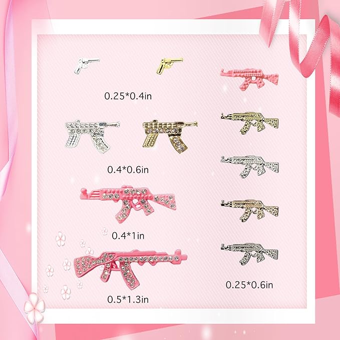 114PCS Gun 3D Nail Charms for Acrylic Nails, Gold Silver Alloy Nail Gems Small Pistol Machine Gun Nail Accessories, Nail Rhinestones for Nail Art Supplies Manicure Craft DIY