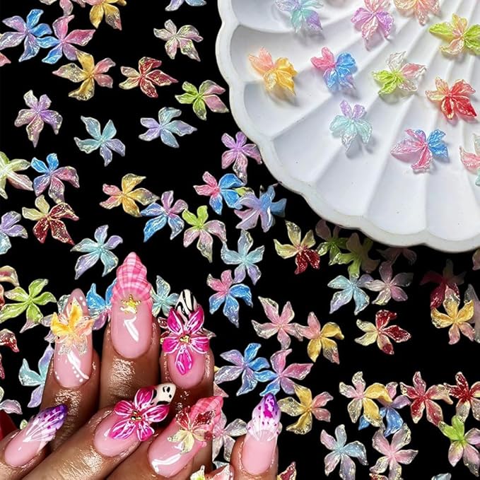 3D Crystal Flower Nail Charms, 100 Pieces Mixed Color Spring Floral Rhinestones, Hawaii Style Nail Art Decorations with Golden Beads
