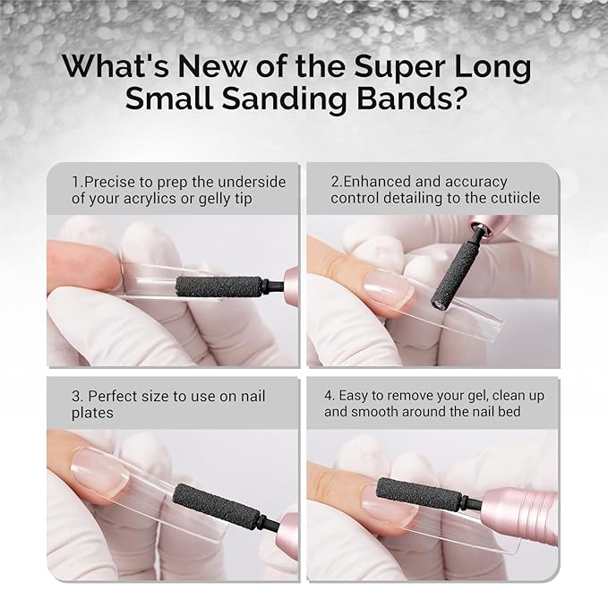 MelodySusie 50 Pcs Nail Drill Bits Super Long Small Sanding Bands with 3.1mm Crystal Mandrel Bit, 120 Medium Grit Nail File for Acrylic Nails Gel Manicures and Pedicure, Black