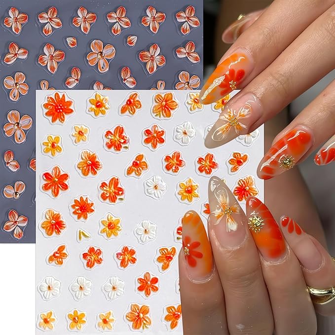 4sheets 5D Embossed Flower Nail Art Stickers Self Adhesive Fall Yellow Flowers Nail Stickers Autumn Orange White Daisy Nail Decals Orange Petal Daisies Nails Supplies for Women Manicure Accessories