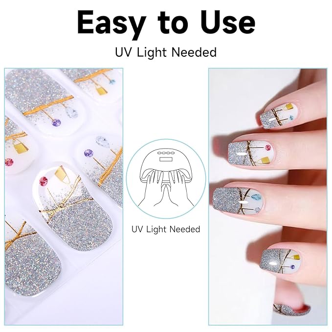 Semi Cured Gel Nail Strips, 28 pcs Gel Nail Stickers Work with Any UV Lights, Long-Lasting Nail Wraps, Stick on Nails for women Easy to Apply & Remove