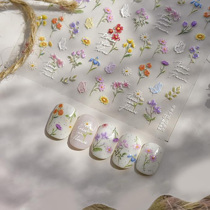 1 Sheets Wild Flower Nail Stickers for Nail Art, Embossed Shell Light Self-Adhesive Daisy Butterfly Nail Decals, Nail Supplies Nail Art Designs Accessories for Women and Girls Manicure DIY Decoration