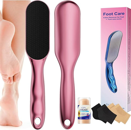 Nano Glass Foot File, Hard Skin Callus Remover with 1PCS Feet Cream, 2Pairs Moisturizing Heel Socks, Professional Foot Care Kit Keep Your Feet Smooth, Pink