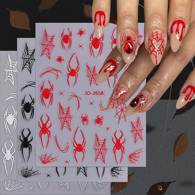 ONPRESS 8Sheet Halloween Bats Nail Stickers Black Gold Glitter French Tips Nail Art Stickers 3D Self-Adhesive Silver Red Spider Web Nail Decals Exquisite Gothic Holiday Nails Supplies for Women DIY