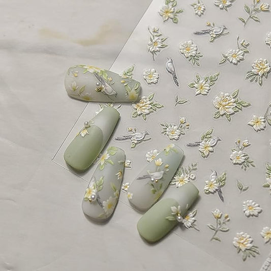 1 Sheet Flower Nail Decal with Leaf Design, Yellow White Gradient Floral Nail Art Stickers, 5D Embossed Self-Adhesive Nail Stickers for Women DIY Spring Summer Flower Manicure Art Supplies