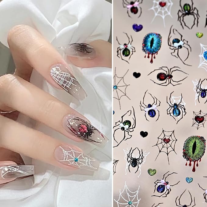 5D Embossed Spider Nail Art Stickers Halloween Nail Stickers Sparkling Eyes Spider Web Nail Decals Gothic Design Manicure Decoration for Women Girls Holiday Nail Supplies 1 Sheets