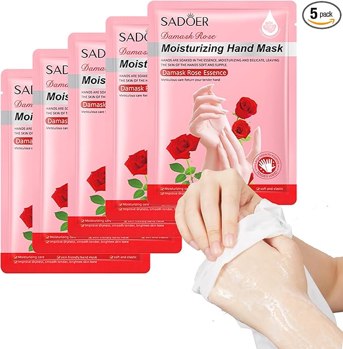 5 Pairs Hands Moisturizing Gloves, Damask Rose Hand Mask, Hand Skin Repair Renew Mask Infused Collagen, Vitamins Natural Plant Extracts for Dry, Aging, Cracked Hands