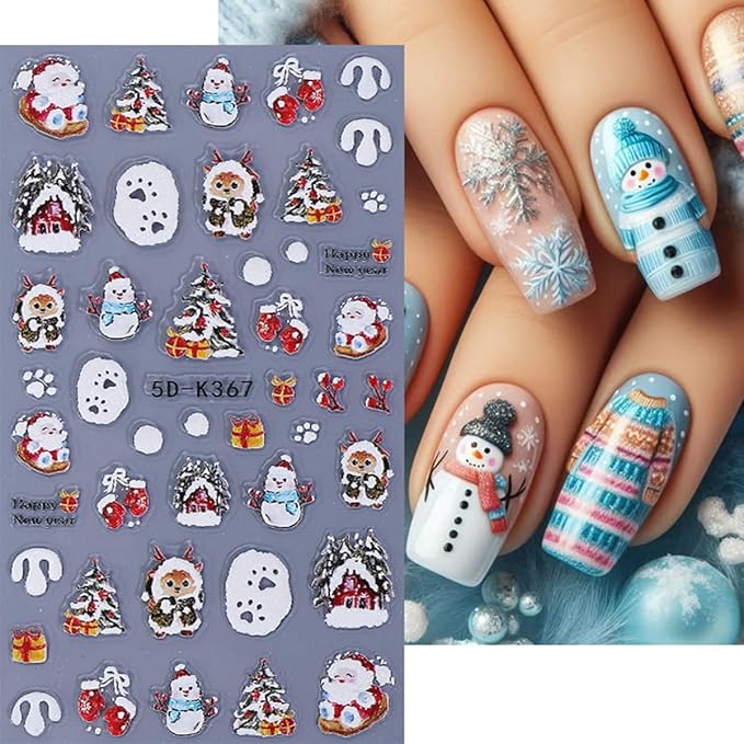 4 Sheets 5D Embossed Christmas Nail Art Stickers Decals Cute Xmas Elk Snowman Snowflakes Nail Stickers Christmas Tree Santa Claus Reindeer Nail Decals for Women DIY Manicure Winter Holiday Nail Decor