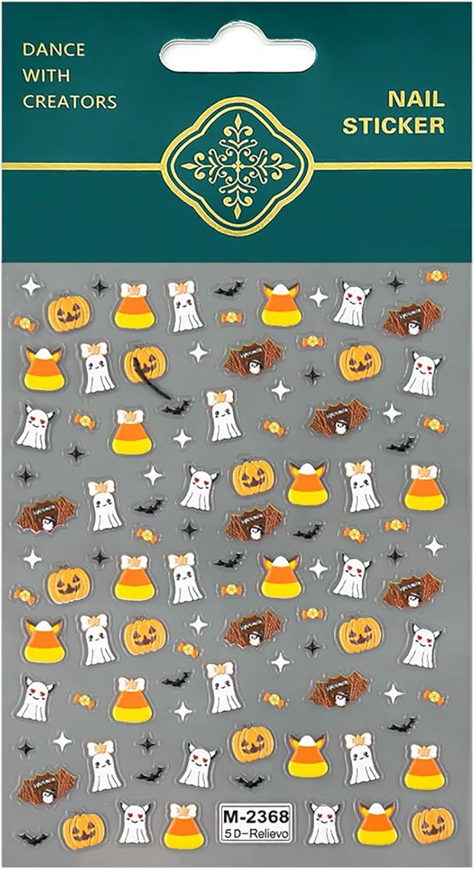 1 Sheets Halloween Nail Decals for Nail Art Cute Embossed Ghost Nail Stickers 5D Self-Adhesive Star Bat Candy Pumpkin Nail Art Stickers Scary Halloween Nail Decoration for Women DIY Nails Designs