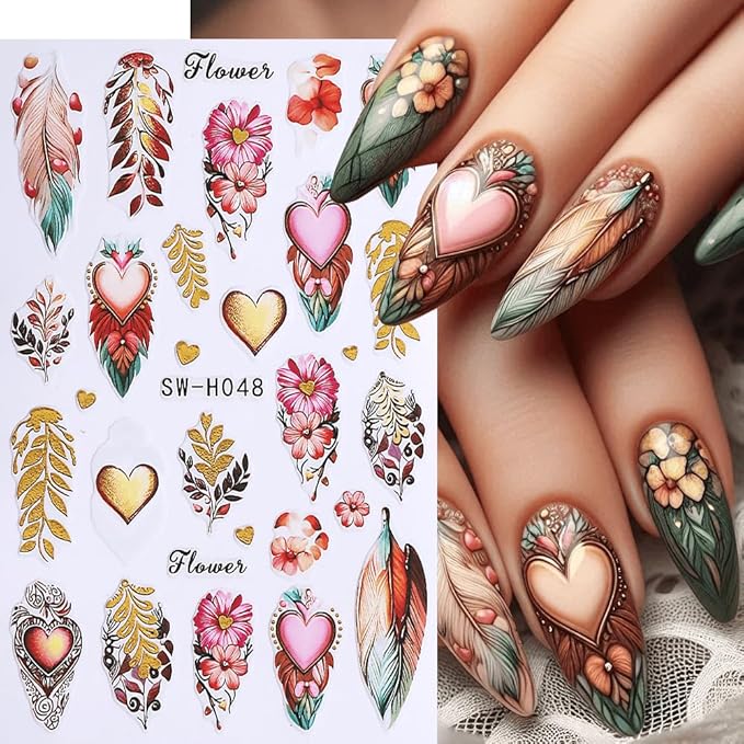 4Pcs Thanksgiving Nail Stickers Gold Leaf Exquisite Totem Nail Decals DIY Self Adhesive Grateful Heart Feather Design Nail Decoration Supplies Holiday Manicure Accessories for Women Girls