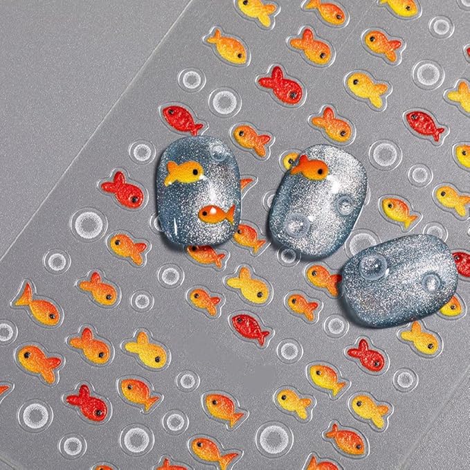2 Sheets Red Fish Nail Art Stickers, 5D Embossed Jelly Bubble Goldfish Nail Decals Self Adhesive Koi Fish Design Manicure Sticker for Women Girls Summe Nail Accessories