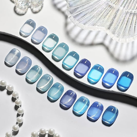 JODSONE 9 Blue Jelly Colors Gel Nail Polish Set Base Coat and Top Coat Soft Shimmery Blue Colors DIY Nail Art at Home
