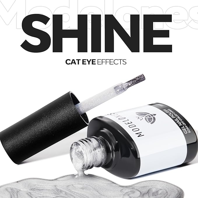 modelones Cat Eye Gel Nail Polish, Glitter Silver 9D Holographic Magnetic High Density Crystal Nail Polish with Magnet Soak Off U V White Gel Polish Top Coat Shimmer Nail Art Manicure Salon DIY