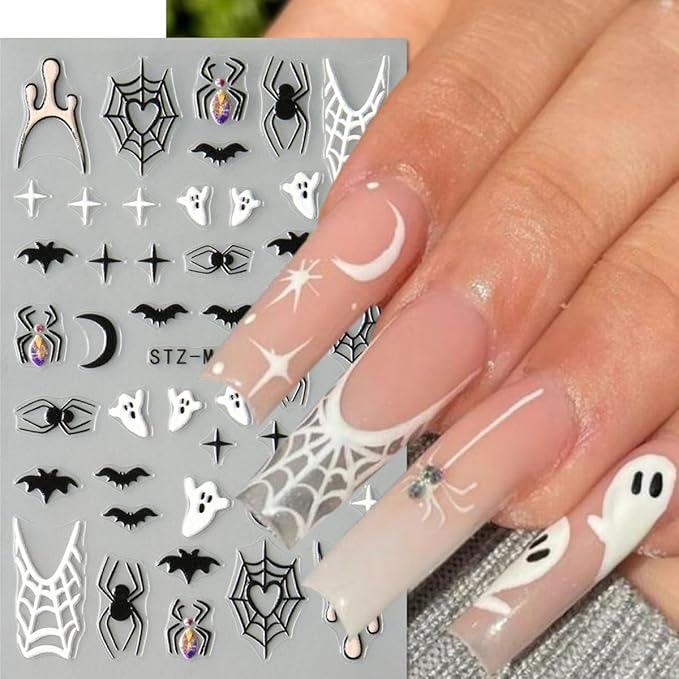 6pcs/Set Halloween Ghost 3D Nail Sticker Pink Heart Spider Web Black Stars Moon Love Spider Skull Cartoon Nail Art Stickers Designs French Manicure DIY Cute Holiday Nail Art Decoration Charms