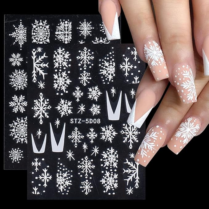 5D Embossed Snowflake Nail Art Stickers Christmas Nail Decal White Flower Lace Nail Decal Snowflake Leaf Nail Sticker Design Self-Adhesive Nail Decoration Supplies for Women DIY Christmas Manicure