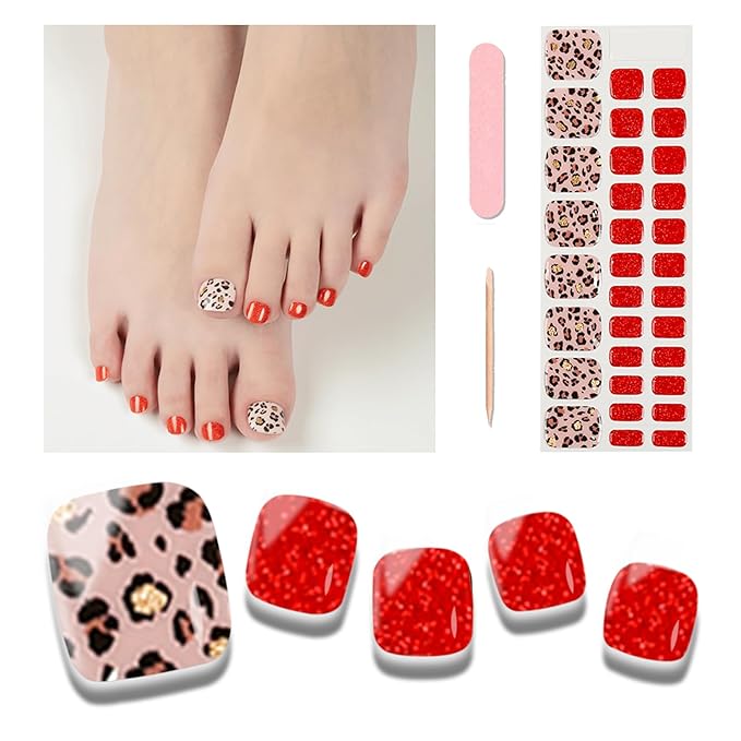 Semi Cured Gel Toenail Strips, 32 Red Leopard Gel Toenail Stickers - Works with Any UV Lamps Pedicure Strips Full Nail Wraps with Nail File & Wood Stick
