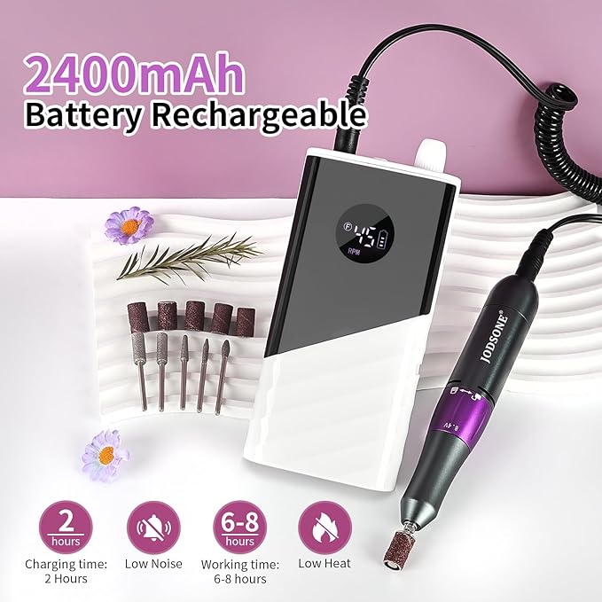 JODSONE Professional Nail Drill 45000 RPM Rechargeable Nail File for Nail Gel Removal Low Noise Portable for Home and Salon