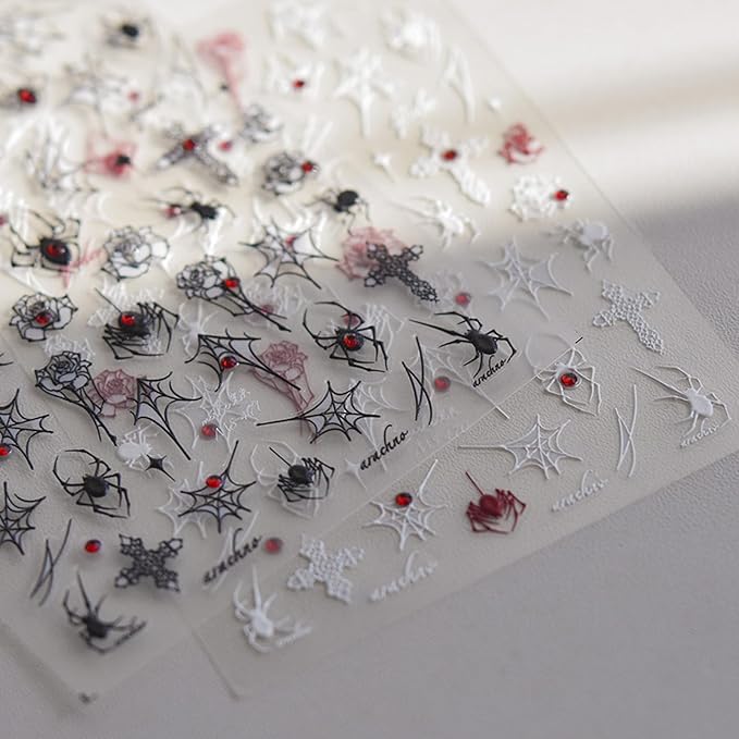 Halloween Nail Art Stickers Spider Web Spider Nail Decals 5D Crystal Diamond Nail Stickers Black Spider Web Spiders Cross Rose Nail Art Supplies Halloween Nail Accessories for Women Nails Decorations