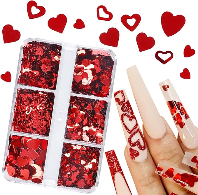 6 Grids Red Heart Nail Glitter Sequins Holographic Mixed Heart and Hollow Heart Nail Art Sequins Valentine's Day Laser Design Nail Charms Glitter Love Nail Flakes for Acrylic Nail Face Decor Supplies