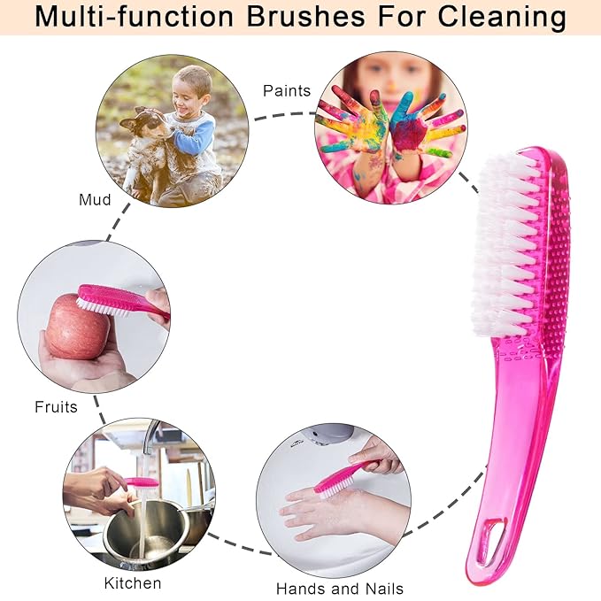 Nail Brush for Cleaning Fingernails 6 PCS, Long Handle Grip Double Sided Nail Foot Scrub Brush Fingernail Cleaner, Soft Stiff Bristles Pedicure Nail Scrubber Non-Slip for Men Women Black