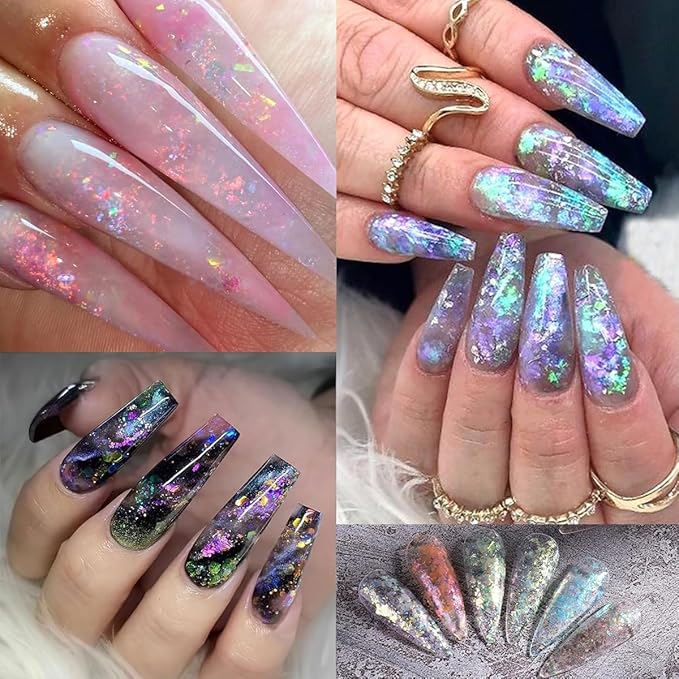 12 Colors Holographic Chrome Nail Art Glitter Sequins Iridescent Ice Slag Chunky Nail Glitter Flakes Mermaid Nail Sequins Colorful Fluorescent Glass Paper Nail Art Decoration for Face Hand Body DIY