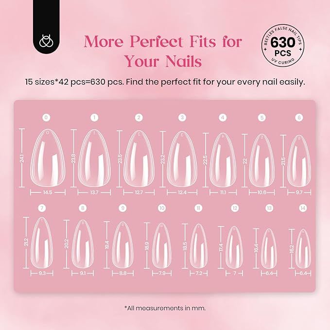 Beetles Gel Nail Tips Medium Almond: 15 Sizes 630Pcs Easy Nail Extension, Full Cover Clear Soft Nail TipsAcrylic Press On False Nails for Gel Nail Polish Gifts for Women
