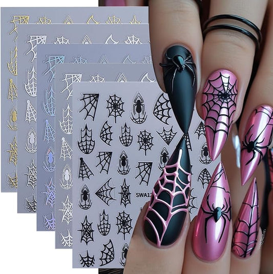 5 Sheets Halloween Nail Stickers for Nail Art 3D Self-Adhesive Spider Web Nail Art Stickers White Black Silver Laser Gold Spider Nail Decals Goth Nail Art Supplies for Women Acrylic Manicure Salon