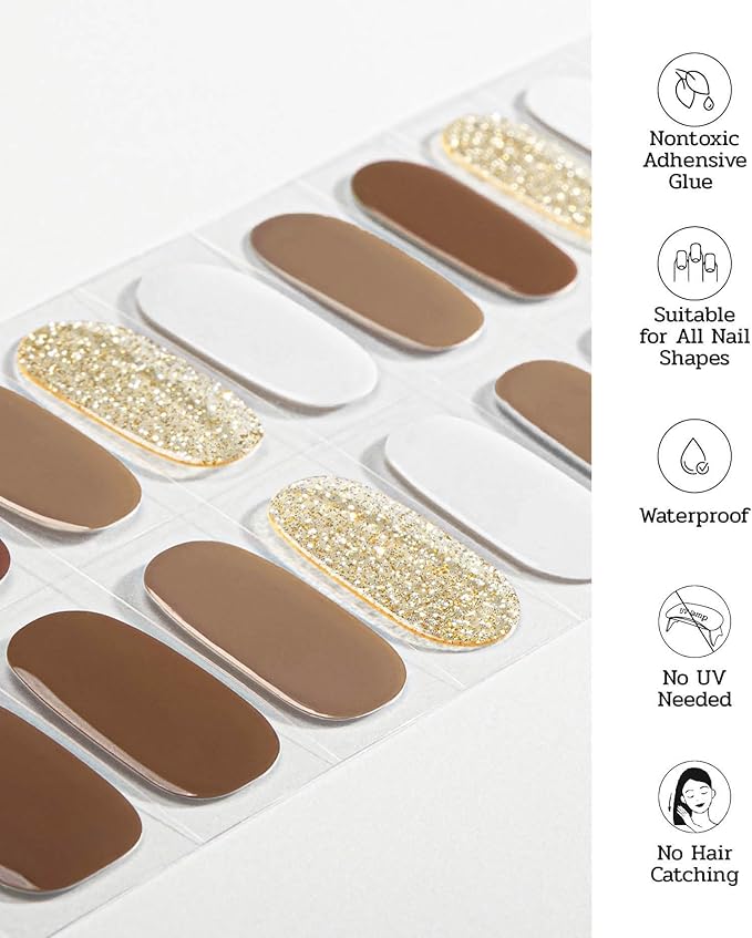 Nail Polish Strips - 22 Pcs Salon Quality Gel Nail Stickers - Long Lasting Wraps (Creamy Mushroom Brown)