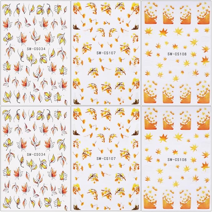 6 Sheets Fall Maple Leaf Nail Stickers Thanksgiving Nail Art Stickers 3D Self-Adhesive Gold Maple Leaves Nail Decals Autumn Fallen Leaves Ginkgo Leaf Nail Decoration for Women Girls Nail Art Designs