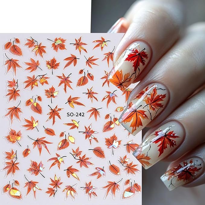 Fall Nail Stickers Laser Maple Leaf Nail Decals 6PCS Self Adhesive Pegatinas para Uñas Autumn Brown Yellow Leaves Design Nail Art Supplies DIY Manicure Supplies for Women Nail Decorations Charms