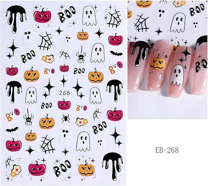 6 Sheets Halloween Nail Art Stickers Flower Nail Stickers 3D Self-Adhesive Ghost Nail Decals with Star Design Pumpkin Bat Nail Supplies Decoration Accessories for Women and Girls