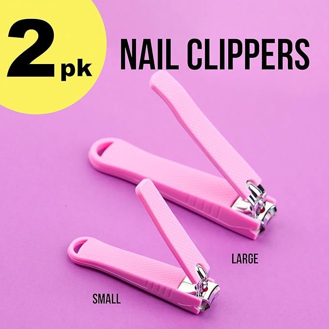 2pc Nail Clipper Set - Big & Small Precision Nail Clippers Value Pack, Water-Resistant Pink Nail Clippers with Comfortable Silicone Grip (Fuchsia)