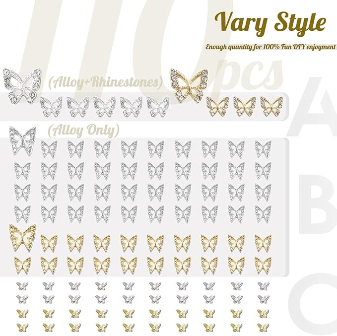 Butterfly Nail Charms, 110pcs 3D Golden Silver Butterfly Charms for Acrylic Nails, 10 Butterflies Nail Rhinestones Gems Charms +100 Alloy Studs, Nail Art Crystals Diamonds Decor Supplies for Nails DIY