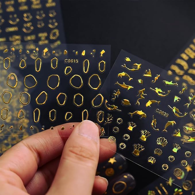 30 Sheets Gold Nail Art Stickers 3D Self-Adhesive Gold Line Nail Stickers Star Moon Heart Nail Design Sticker Lrregular Lines Nail Decals Acrylic Nail Art Supplies for Women