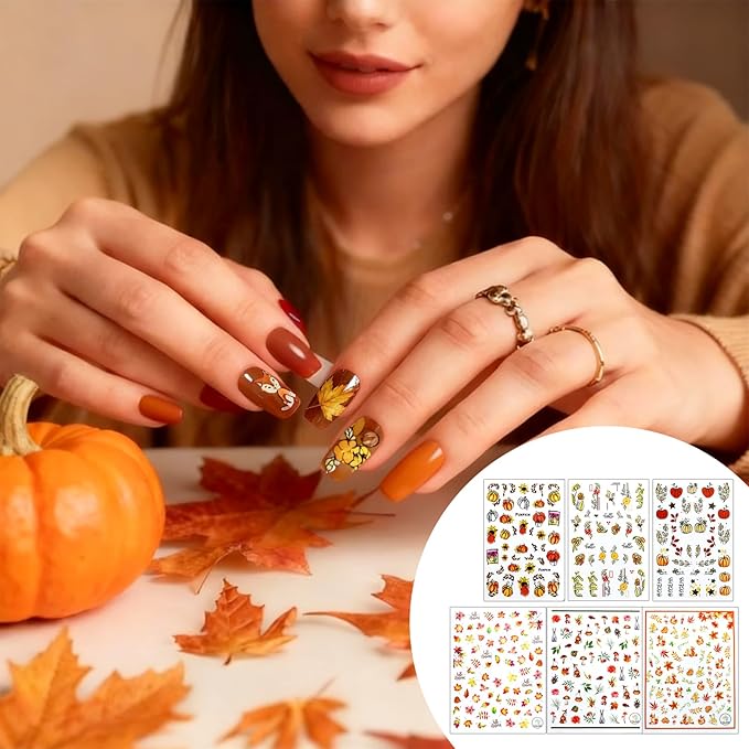 Allstarry Fall Nail Stickers, 6 Sheets Thanksgiving Nail Stickers Fall Nail Decals 3D Maple Leaves Autumn Floral Pumpkin Nail Decal Self-Adhesive for Autumn Nails Art