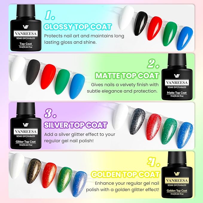 VANREESA 60 Pcs Gel Nail Polish Set 55 Colors Spring Summer Fall Winter Gel Polish with Base Coat Glossy & Matte & Silver & Golden Top Coat Nail Kit Gifts for Women Girls Nail Art Salon at Home