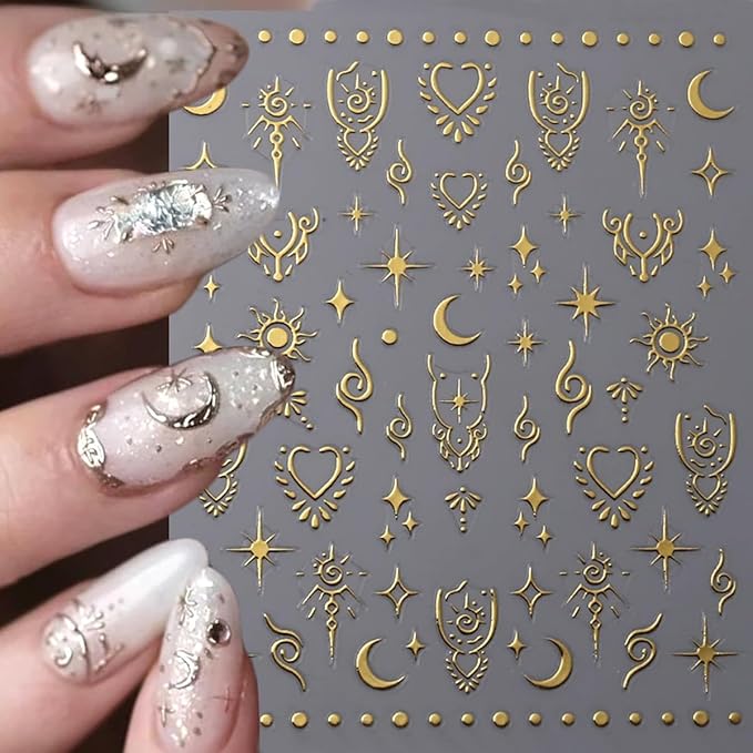 4 Sheets 5D Moon Star Nail Art Stickers Gold Silver Glitter Rhinestones Nail Decals Self-Adhesive Sun Heart Nail Decor Cute Nail Design Stickers Spring French Nails Supply for Women DIY Manicure