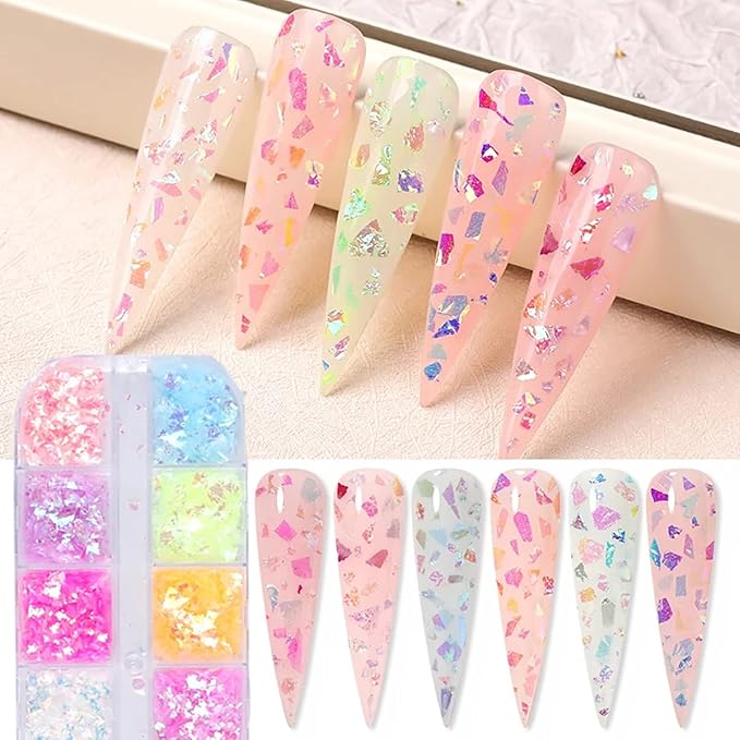 12 Grids Flaky Nail Art Glitter Sequins 3D Holographic Acrylic Nail Art Flakes Irregular Mermaid Nail Glitters Colorful Fluorescent Glass Paper Nail Sequins Women Party DIY Nail Beauty Accessories