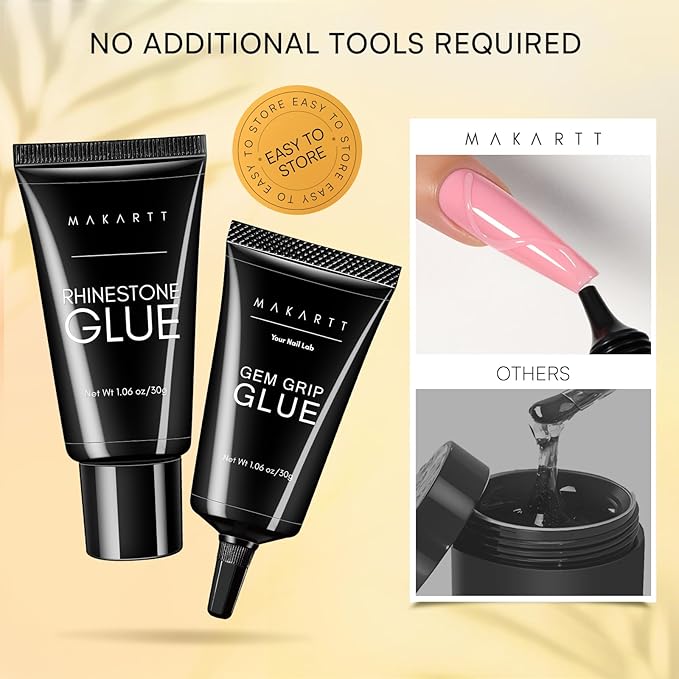 Makartt Nail Rhinestone Glue Gel Set: 60g 3D Super Strong No Wipe Nail Glue for Charms Gems Crystals Beads Decorations DIY Beginners & Salon UV Lamp Needed (2PCS Low & Medium Viscosity)