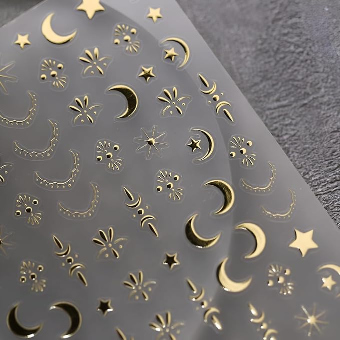 Silver Gold Nail Stickers for Nail Art 3D Self Adhesive Moon Star Nail Art Stickers Silver Moon Star Nail Decals Gold Nail Supplies for Women Girls 2Sheets