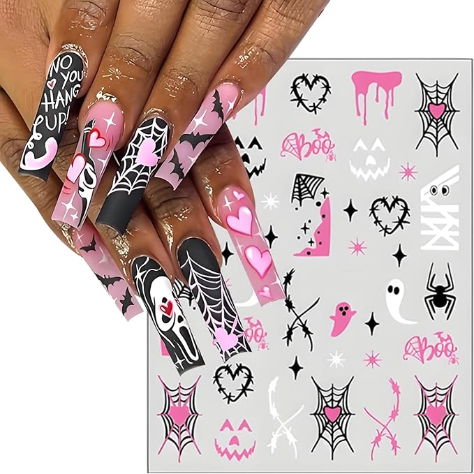 Halloween Nail Art Stickers, Cute Ghost Nail Art Decals 3D Self-Adhesive with Pink Bat Pumpkin Heart Skull Spider Web Nail Design 6Pcs Halloween Nail Art Supplies for Women Nail Decoration