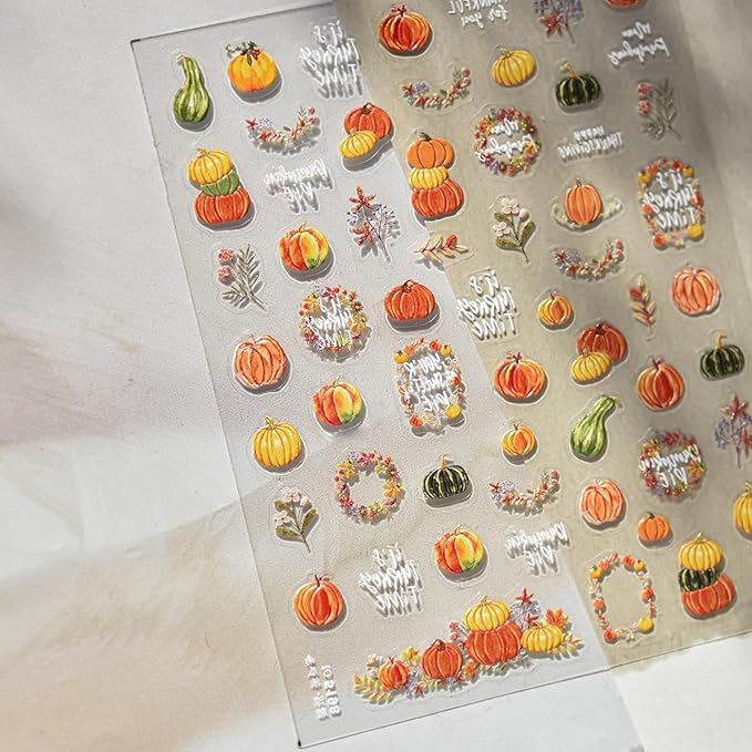 Fall Nail Art Stickers Decals Autumn Pumpkin Nail Decals 5D Embossed Self-Adhesive Pumpkin Flower Nails Design Stickers Thanksgiving Nails Decorations for Women DIY Manicure Art Supplies