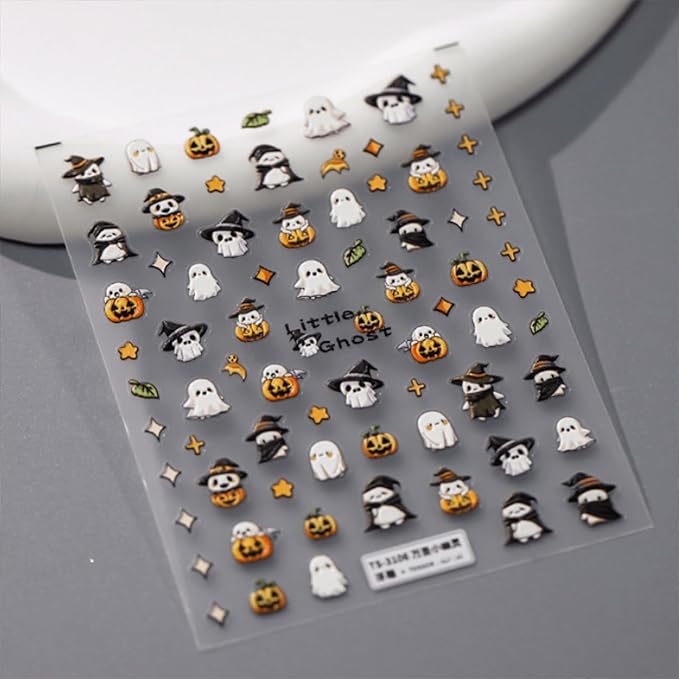 Embossed 5D Halloween Nail Stickers - Cute Ghost & Pumpkin Designs, Self-Adhesive Halloween Nail Decals for Women & Girls 2 Sheets